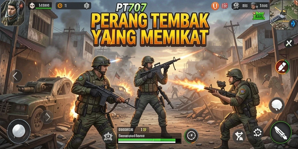 Screenshot gameplay PT707 menampilkan aksi tembak menembak yang intens.
