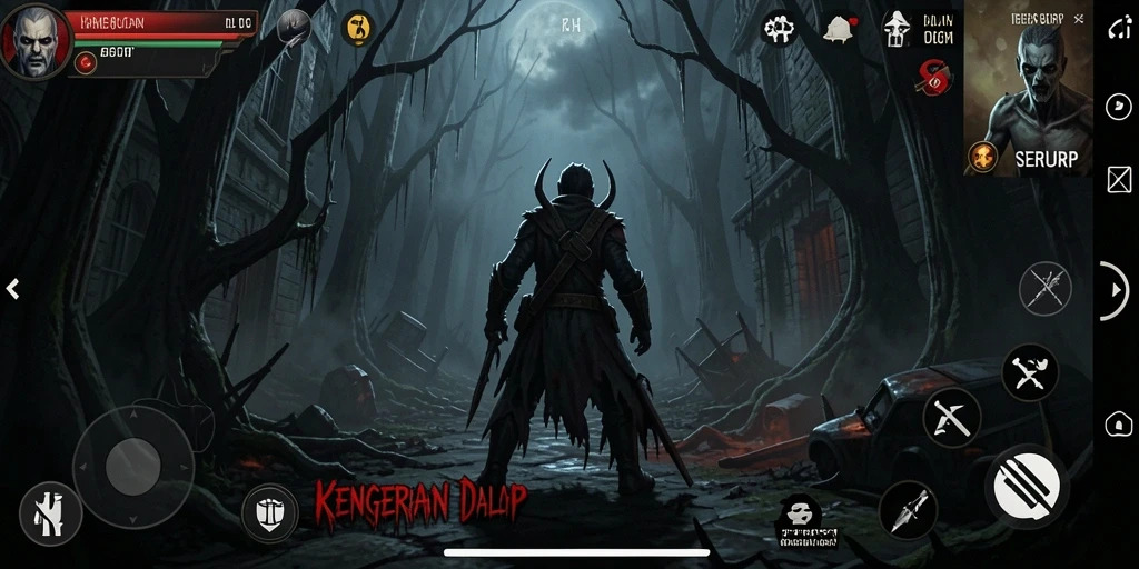 Tampilan gameplay SERURP dengan suasana mencekam dan makhluk misterius.