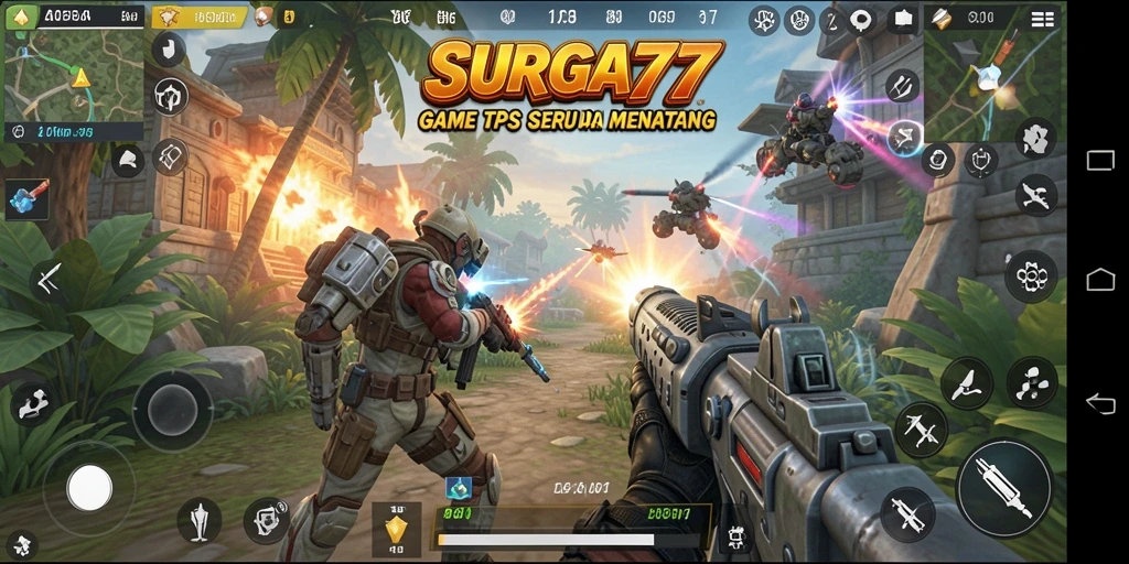 Screenshot menampilkan aksi mendebarkan SURGA77 dalam gameplay TPS.